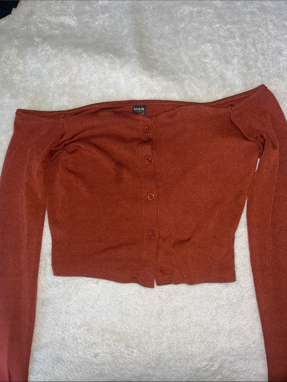 SHEIN Rust Off-Shoulder Button Crop Top